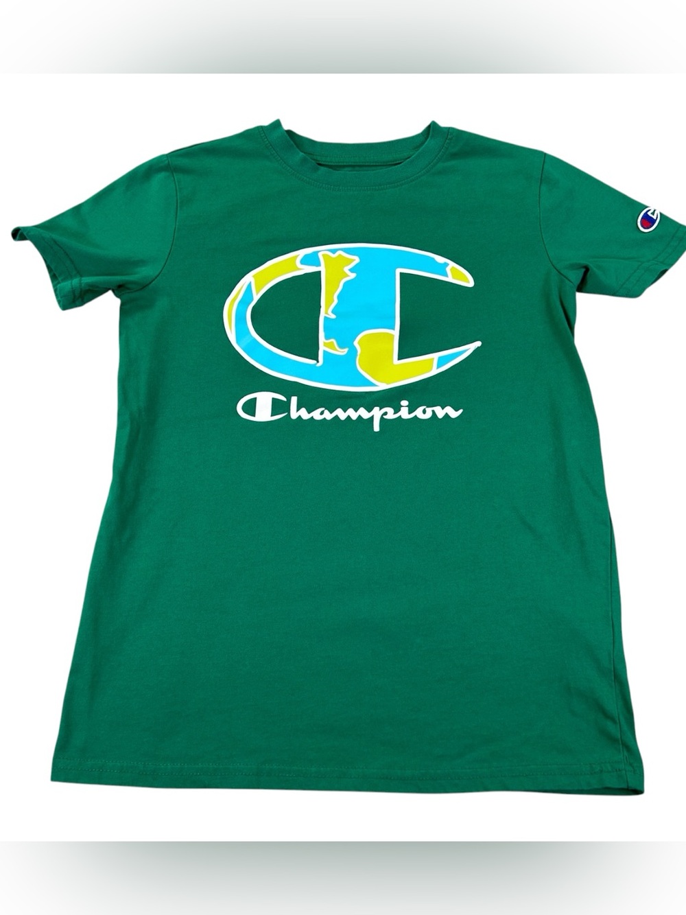 Champion Big C Logo T-Shirt Kids M Green Multicolor Graphic Camo Tee